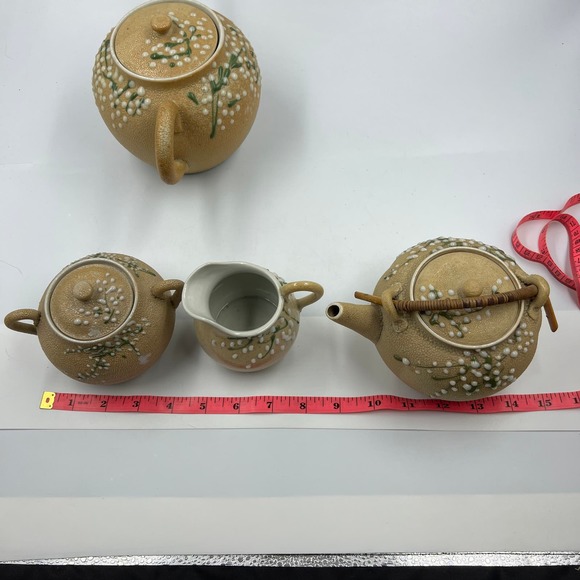 Antique Meiji Period Tea Set 4 Pieces Shark Skin Moriage Porcelain Cream Sugar - Picture 11 of 16